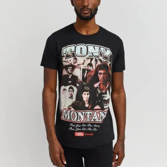 REASON / REASON×SCARFACE TONY MONTANA T-SHIRT BLACK XL Scarface Reason Unisex Tony Montana Button-Up Mechanic Shirt